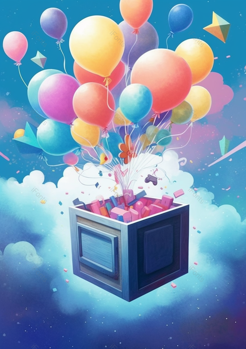 石头木质雕刻箱子礼物节日儿童节开箱飞起的气球礼物惊喜浪漫唯美插画,插画/手绘图,插画/手绘图库,插画/手绘图下载,插画/手绘